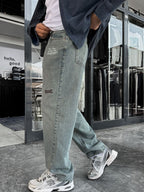 Light Blue Washed Baggy Jeans with Embroidered Pockets C-6379