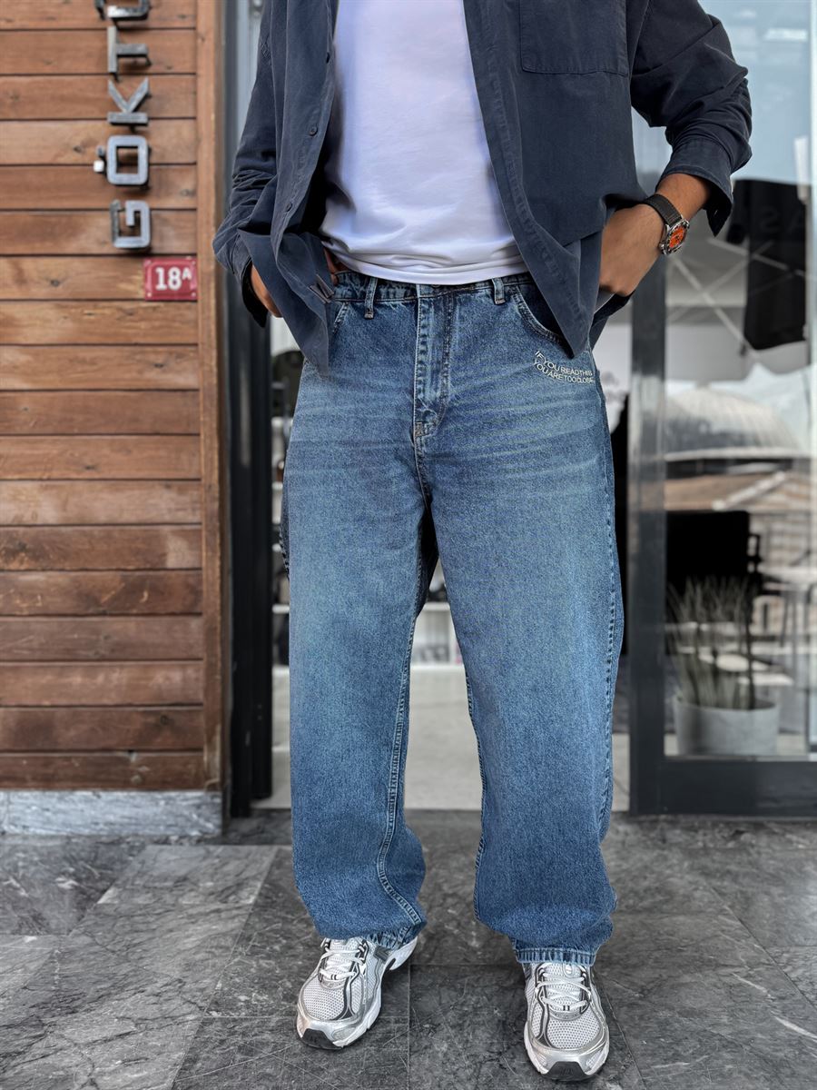 Blue Close Embroidered Washed Baggy Jeans C-6657
