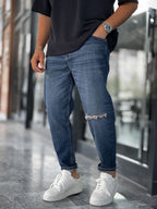 Navy Blue Knee-Rip Washed Boyfriend C-6526