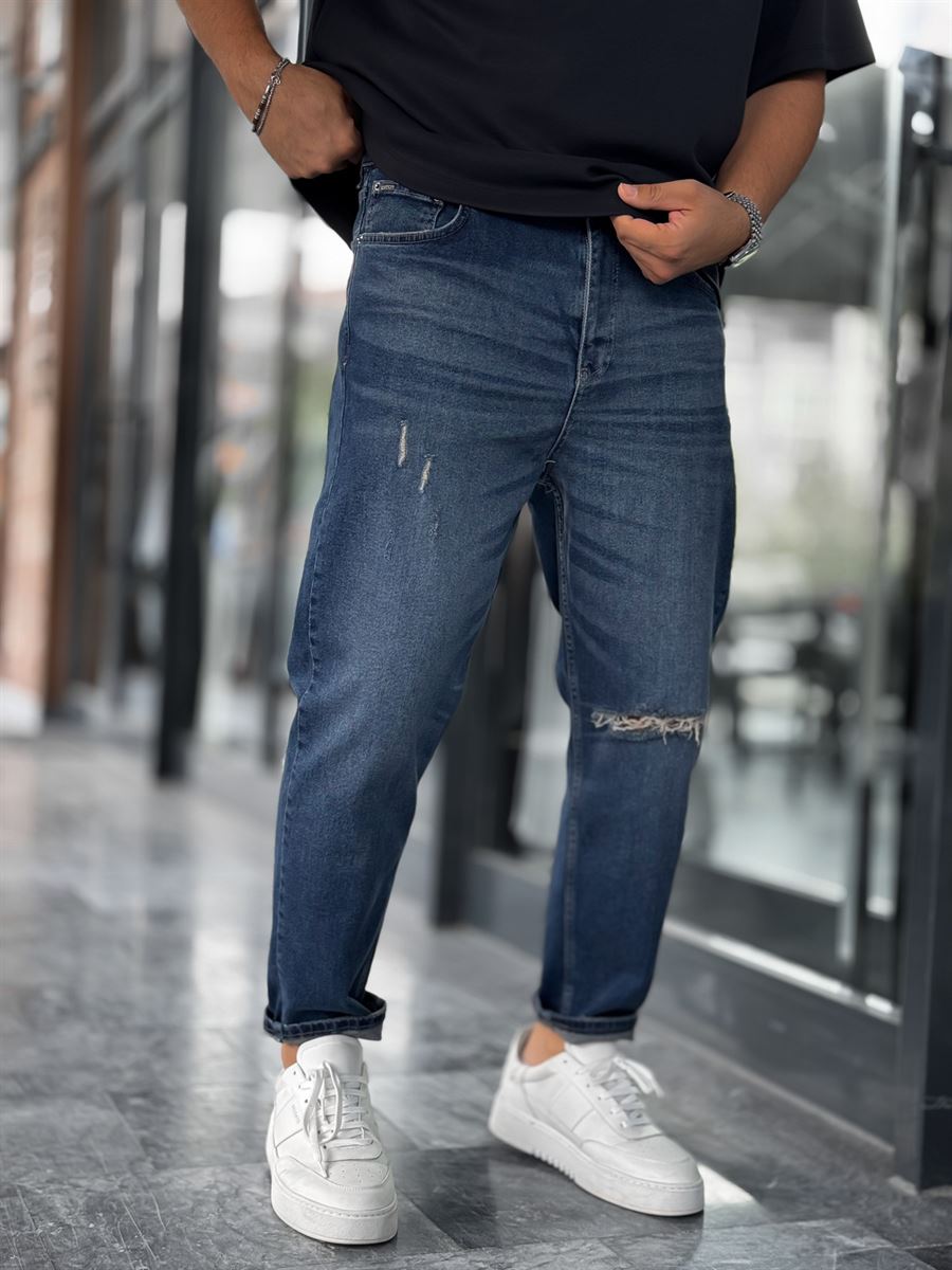 Navy Blue Knee-Rip Washed Boyfriend C-6526