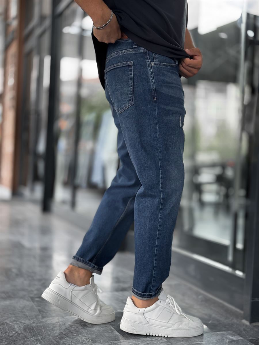 Navy Blue Knee-Rip Washed Boyfriend C-6526
