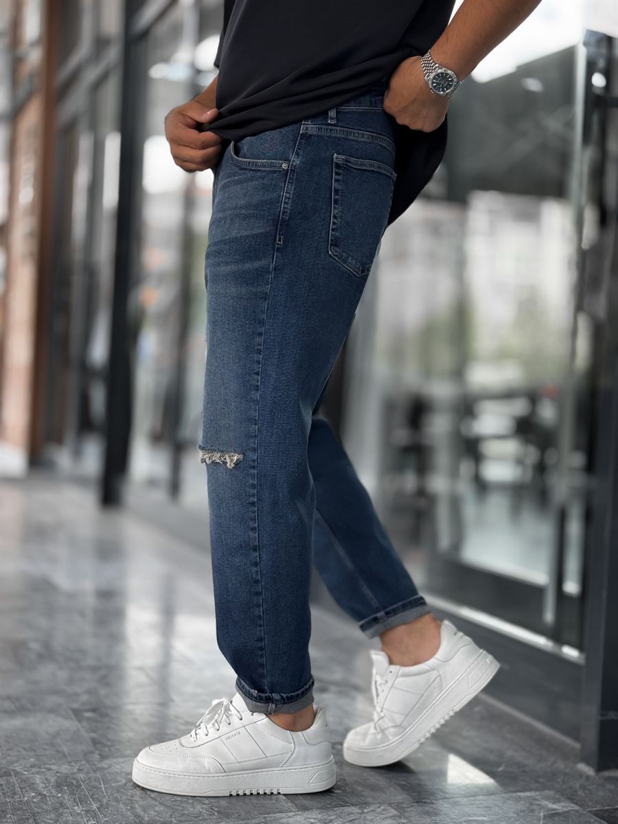 Navy Blue Knee-Rip Washed Boyfriend C-6526