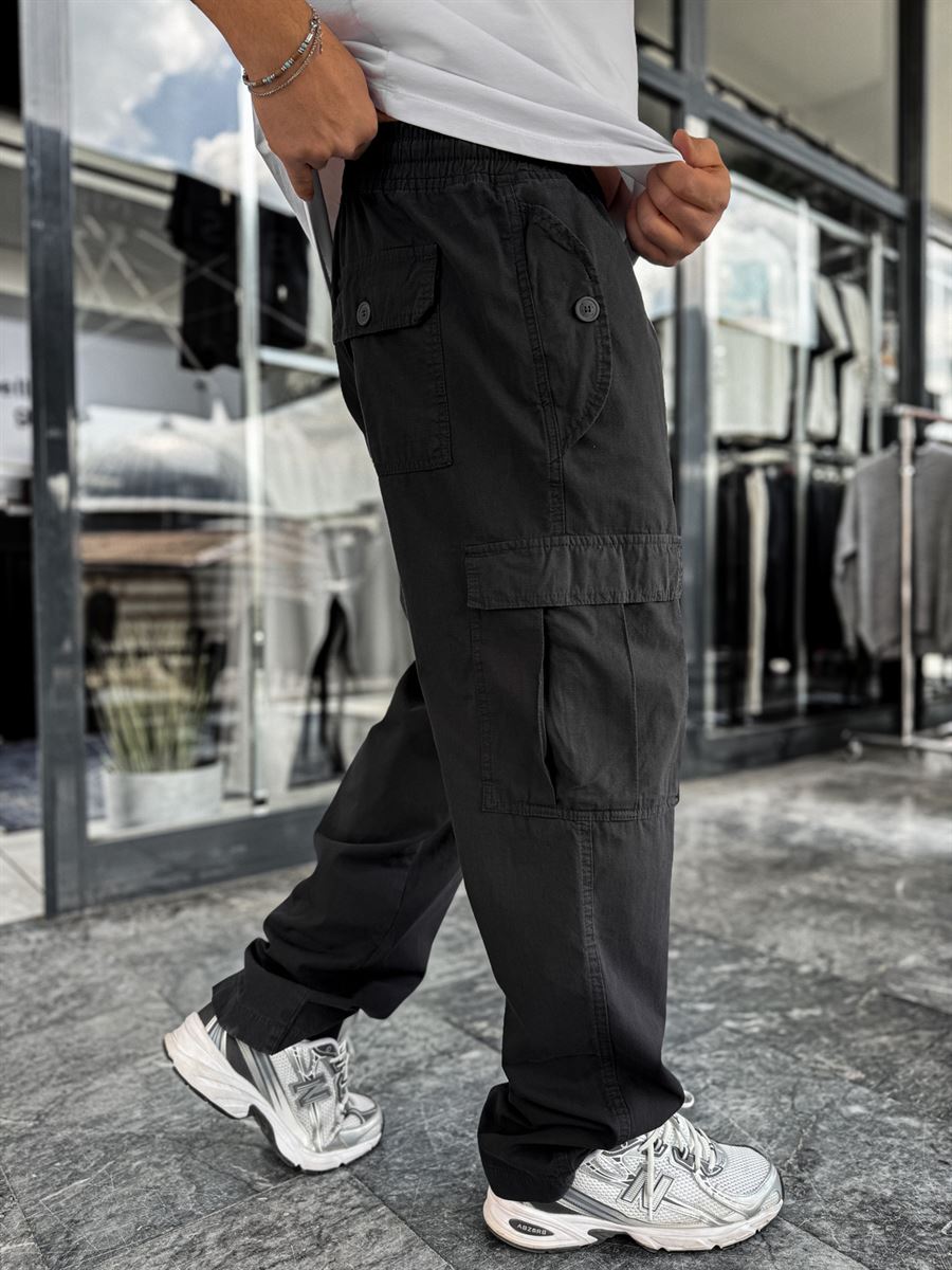 Black Button Pocket Cargo Pants C-6278