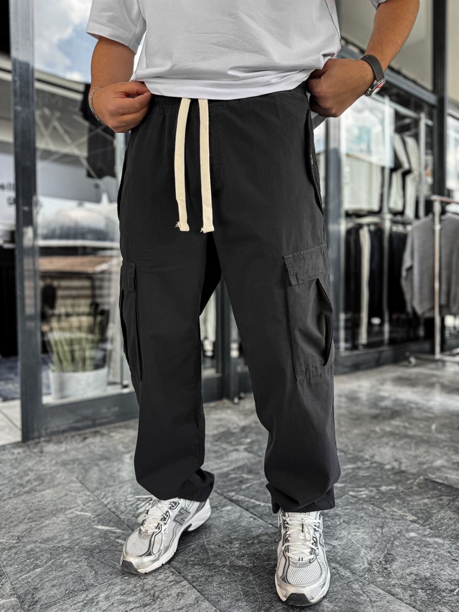 Black Button Pocket Cargo Pants C-6278