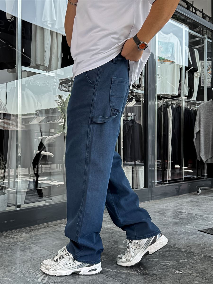 Navy Blue Baggy Pants with Side Pocket Detail C-6615