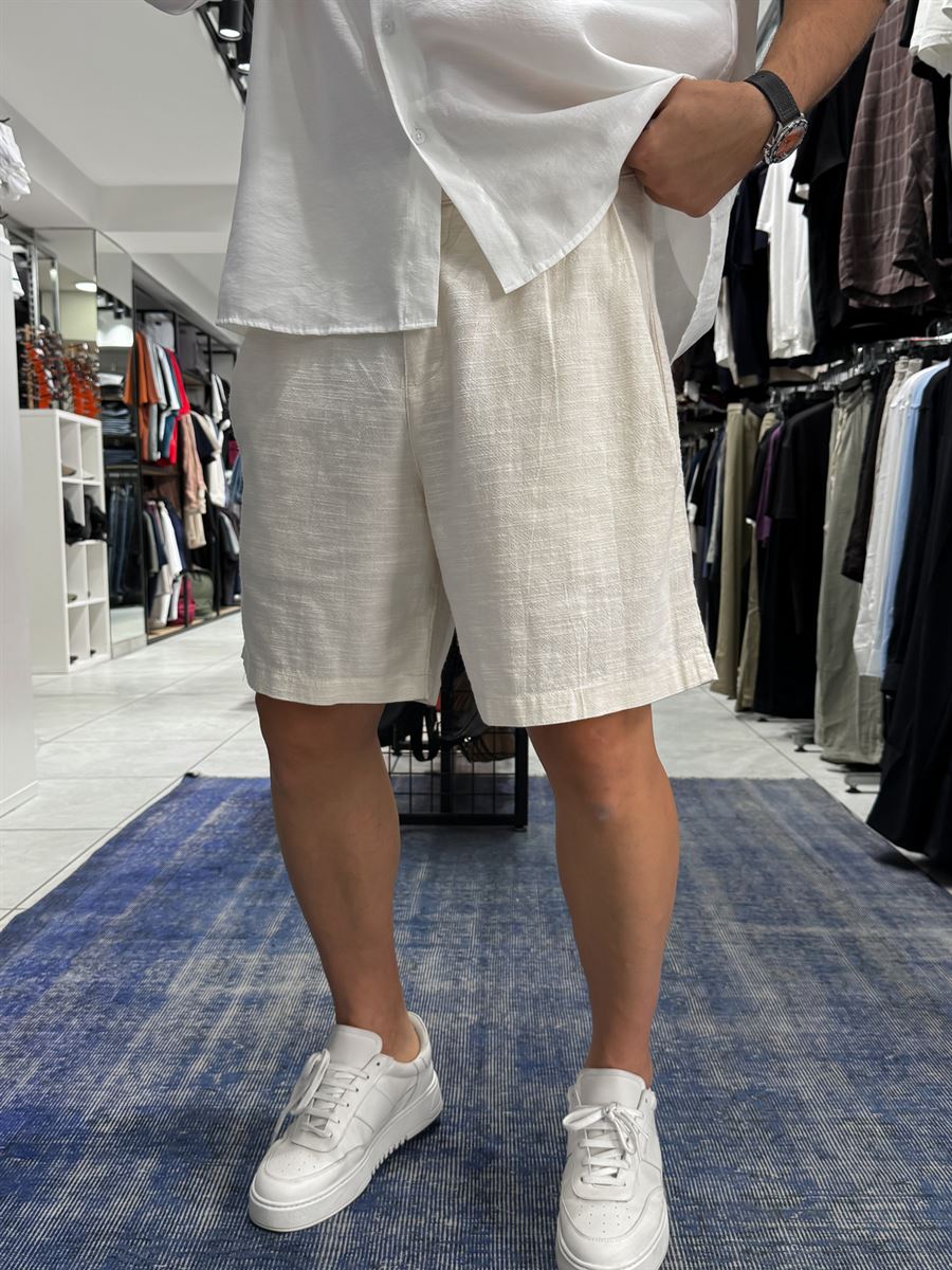 Beige Pleated Linen Textured Shorts C-5231
