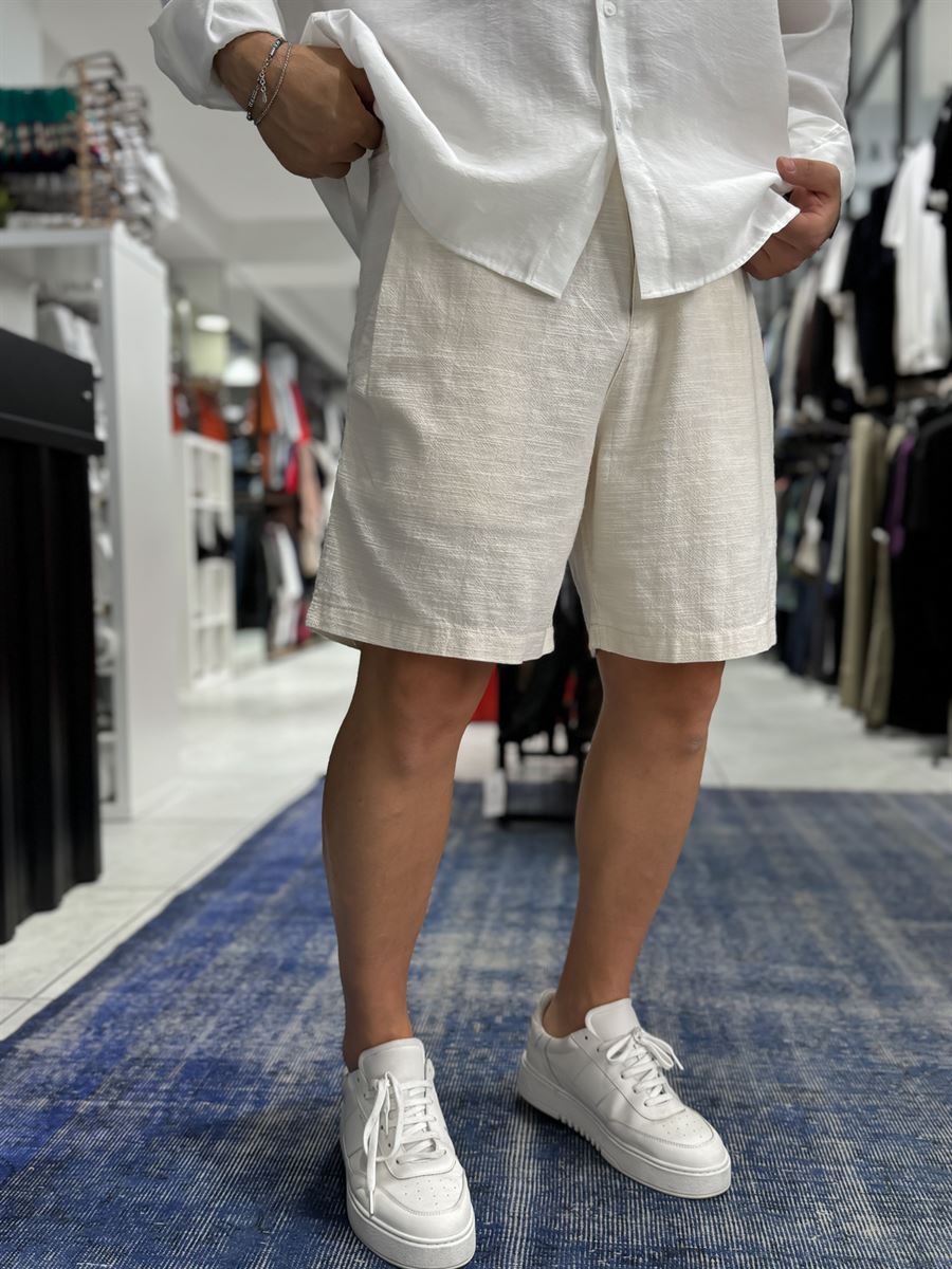 Beige Pleated Linen Textured Shorts C-5231