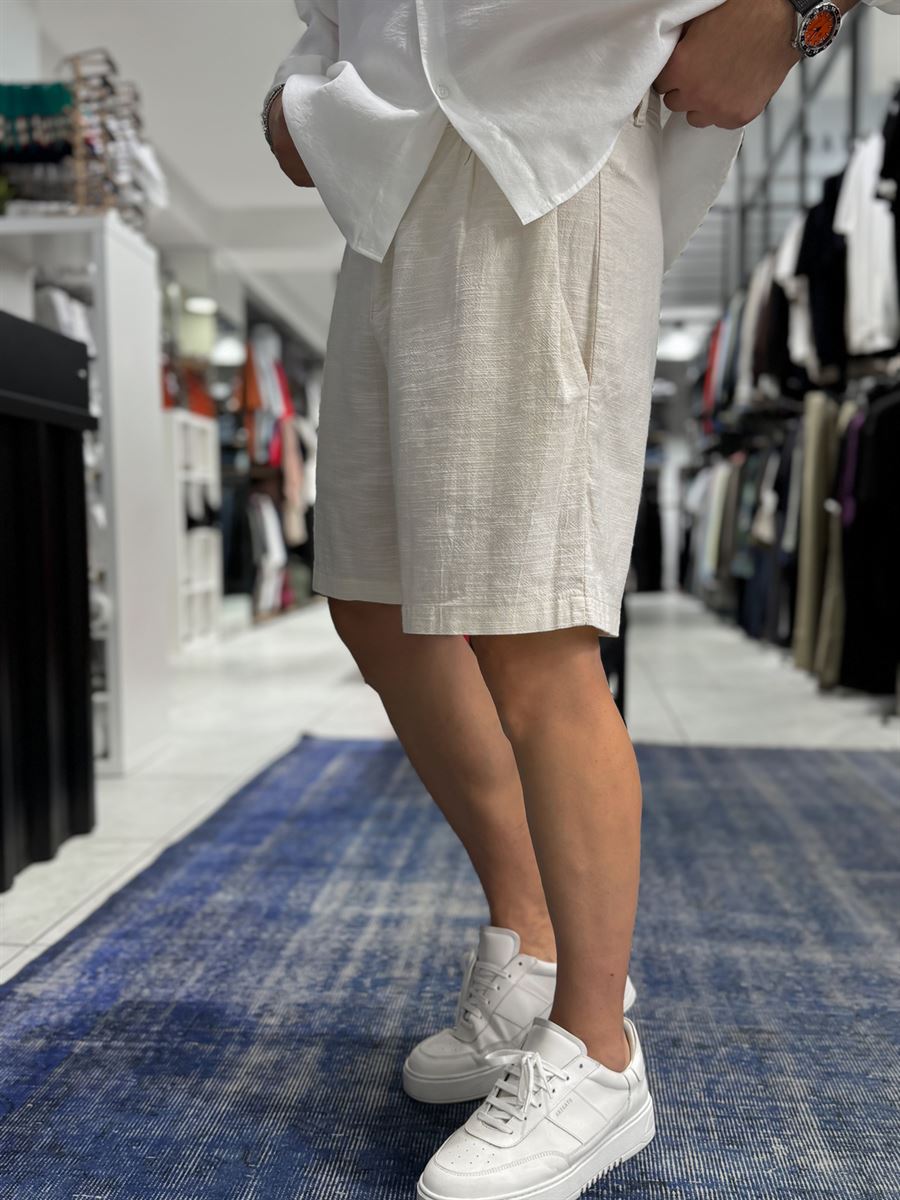 Beige Pleated Linen Textured Shorts C-5231