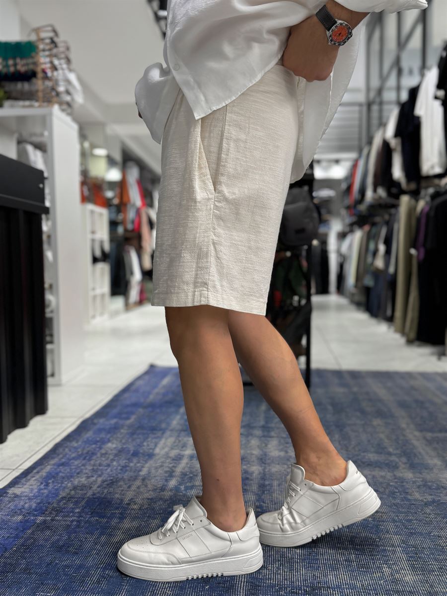 Beige Pleated Linen Textured Shorts C-5231