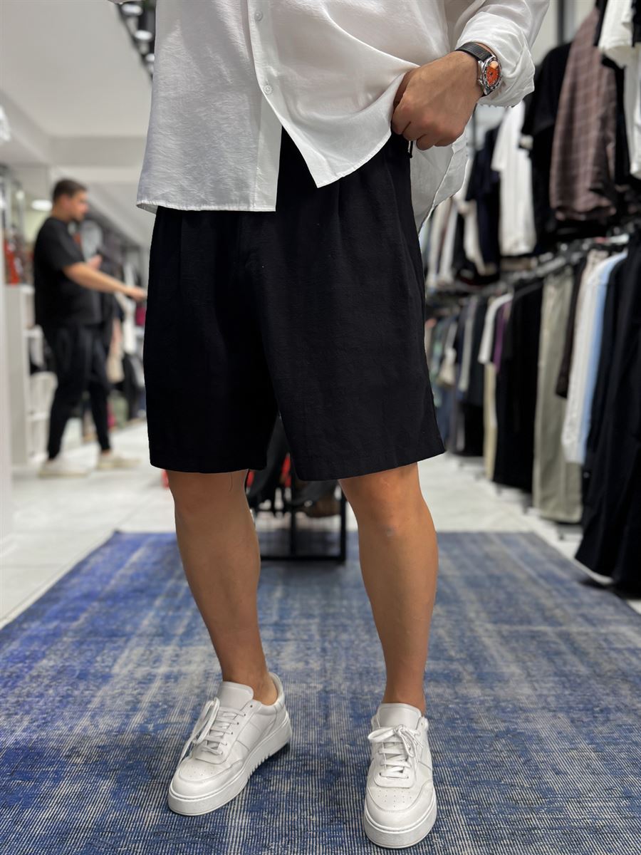 Black Pleated Linen Textured Shorts C-5231