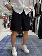 Black Pleated Linen Textured Shorts C-5231