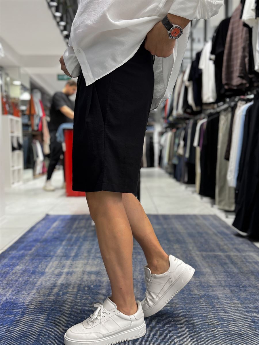 Black Pleated Linen Textured Shorts C-5231