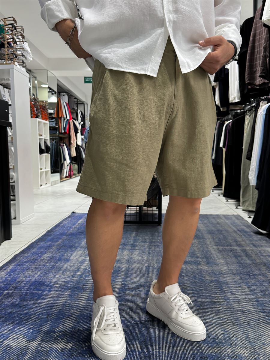 Light Khaki Pleated Linen Textured Shorts C-5231