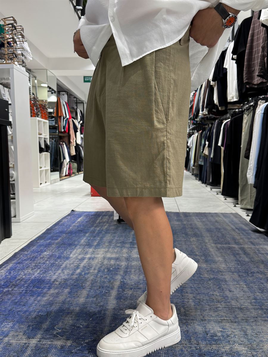 Light Khaki Pleated Linen Textured Shorts C-5231