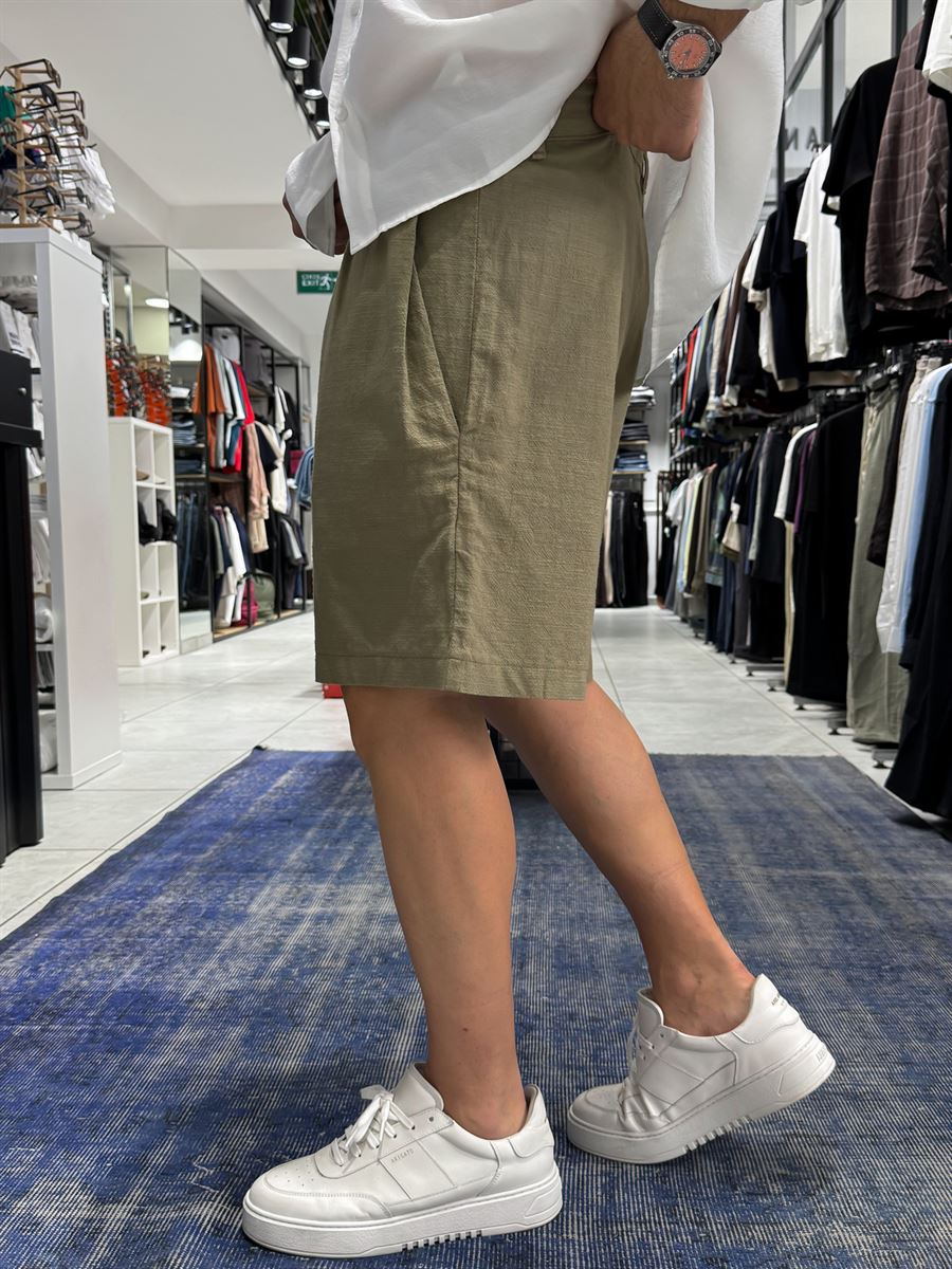 Light Khaki Pleated Linen Textured Shorts C-5231