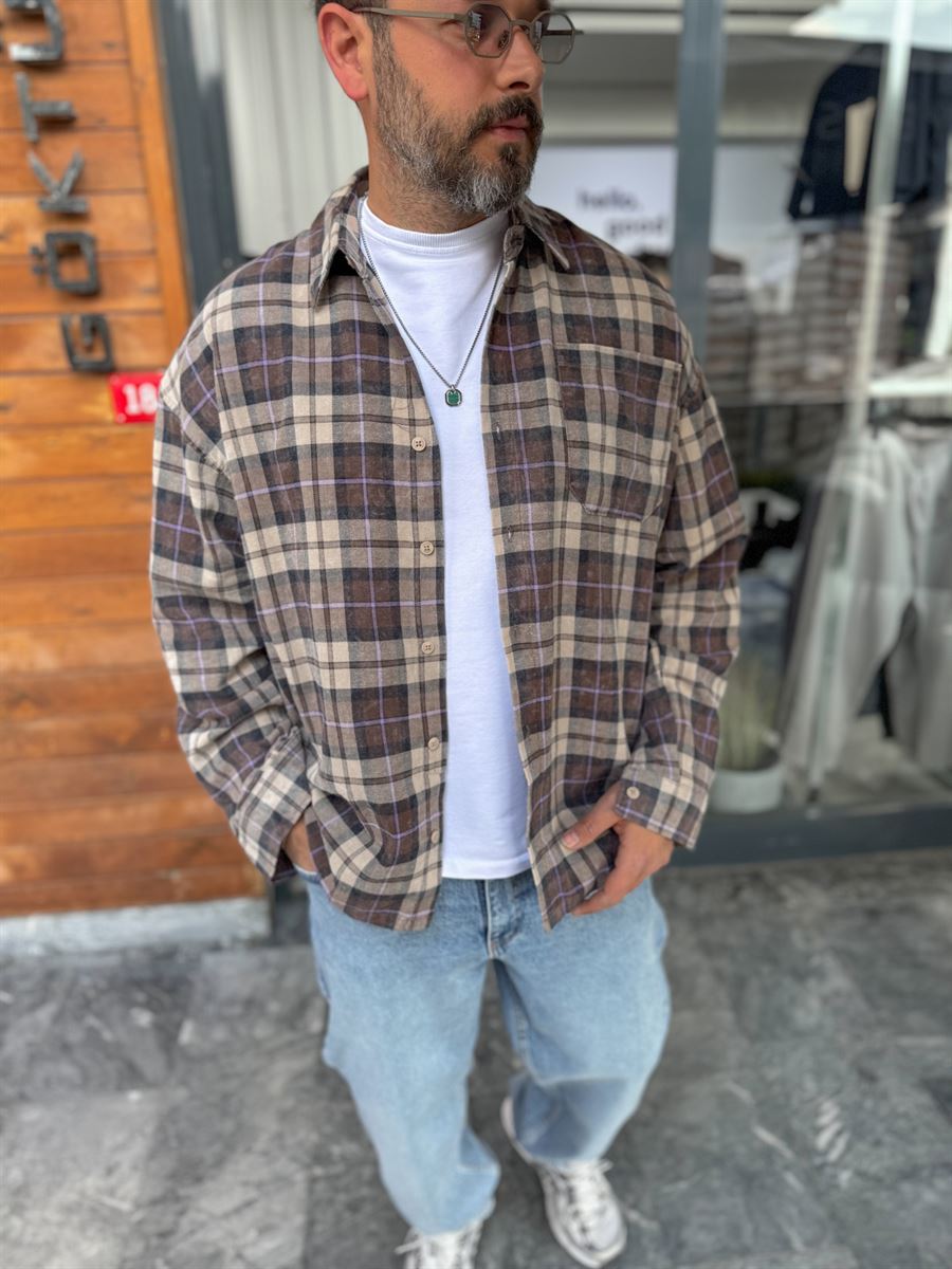 Coffee Plaid Pocketed Oversize Shirt C-1729
