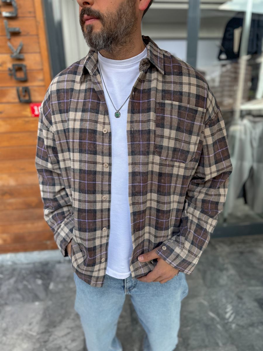 Coffee Plaid Pocketed Oversize Shirt C-1729