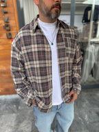 Coffee Plaid Pocketed Oversize Shirt C-1729