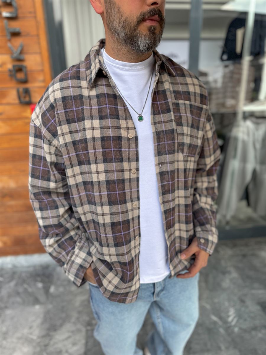 Coffee Plaid Pocketed Oversize Shirt C-1729