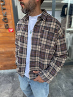 Coffee Plaid Pocketed Oversize Shirt C-1729