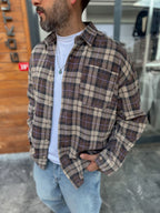 Coffee Plaid Pocketed Oversize Shirt C-1729