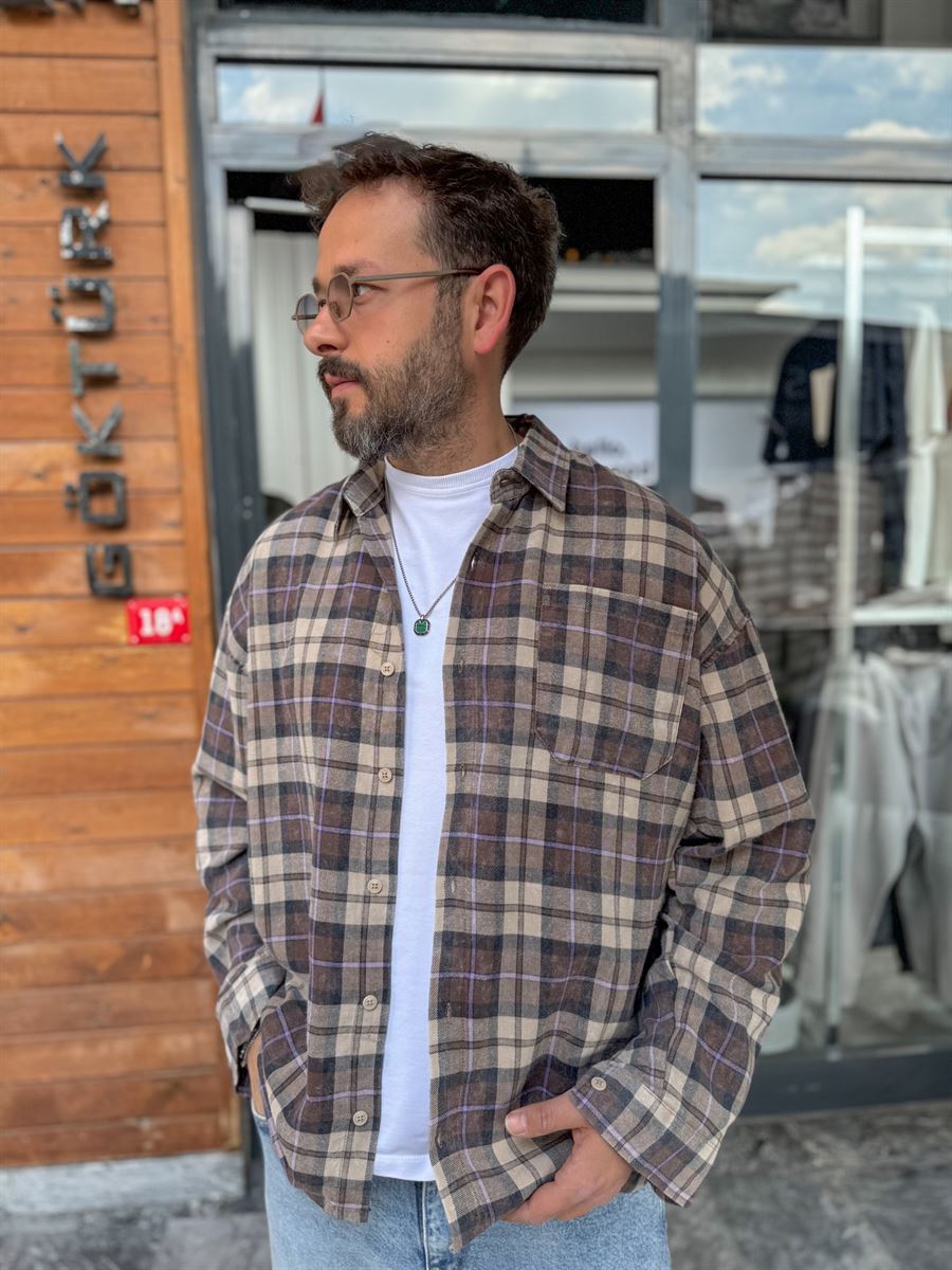 Coffee Plaid Pocketed Oversize Shirt C-1729