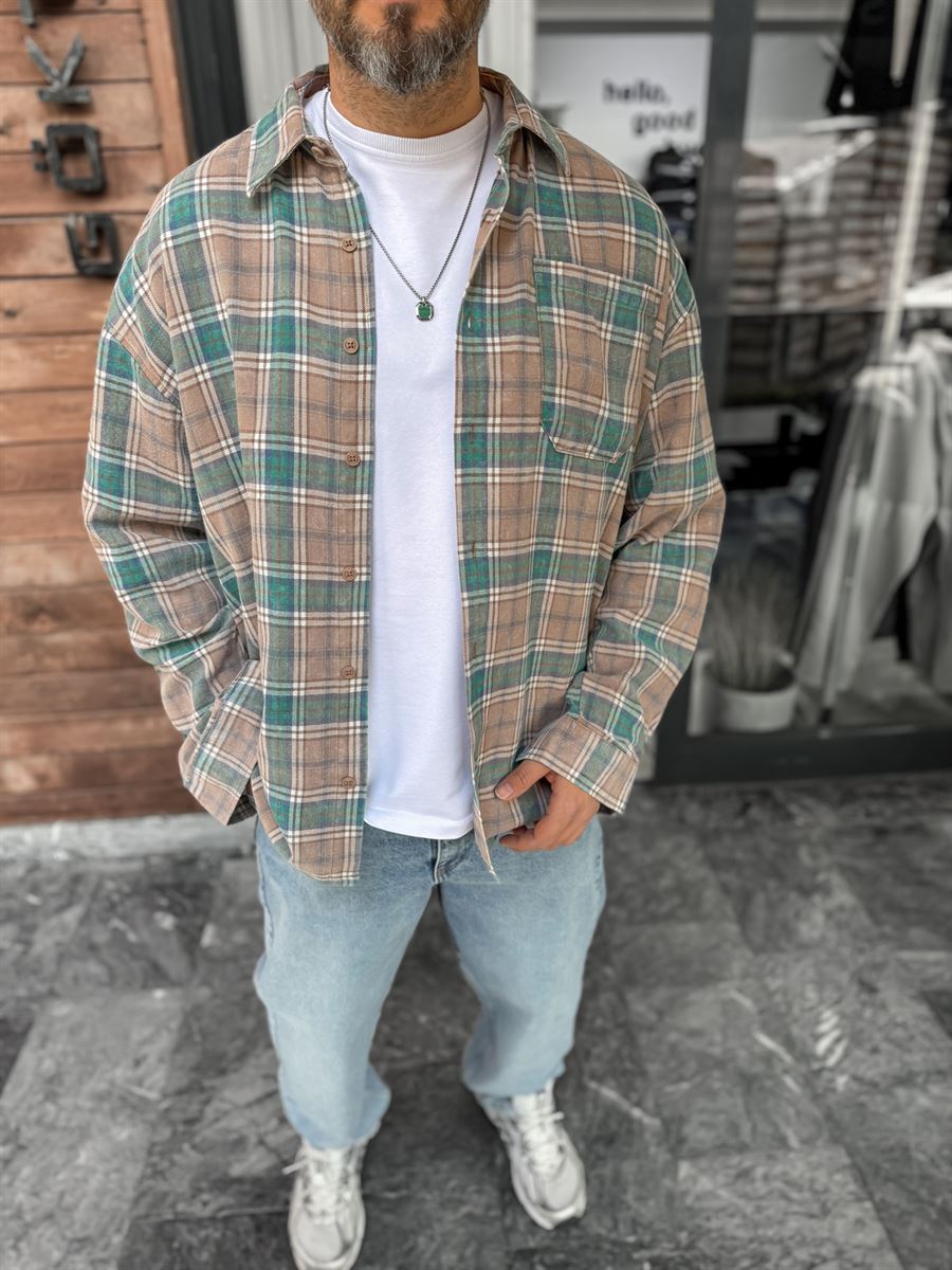 Light Brown Checked Oversize Shirt with Pockets C-1729