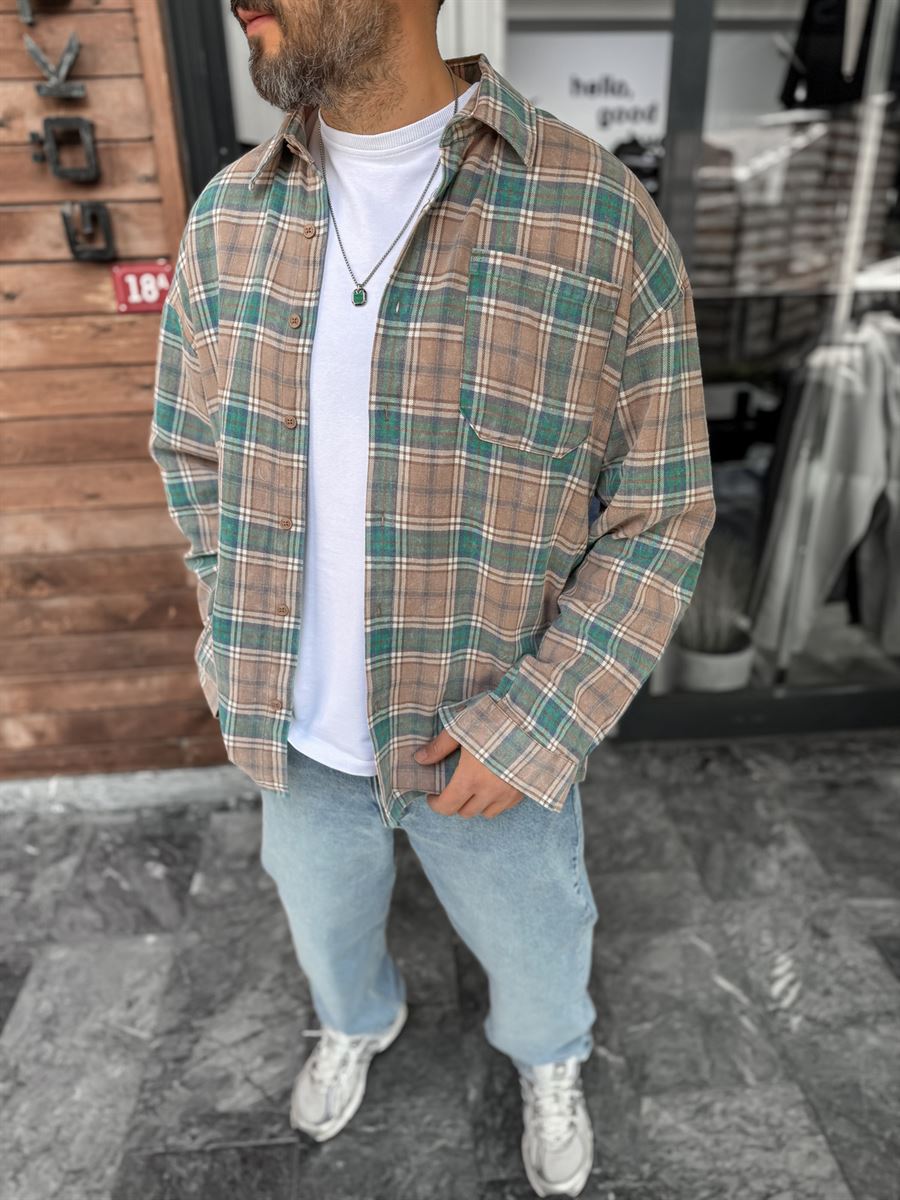 Light Brown Checked Oversize Shirt with Pockets C-1729