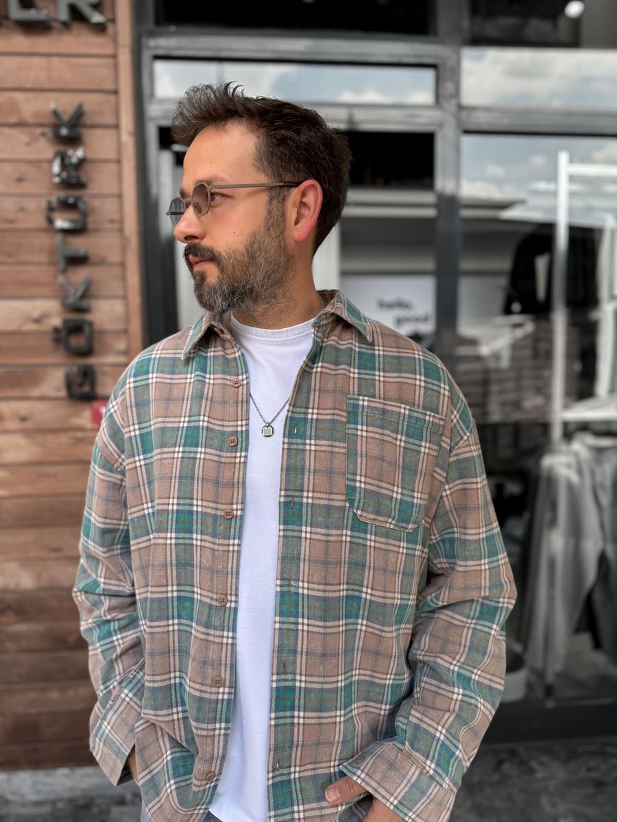 Light Brown Checked Oversize Shirt with Pockets C-1729