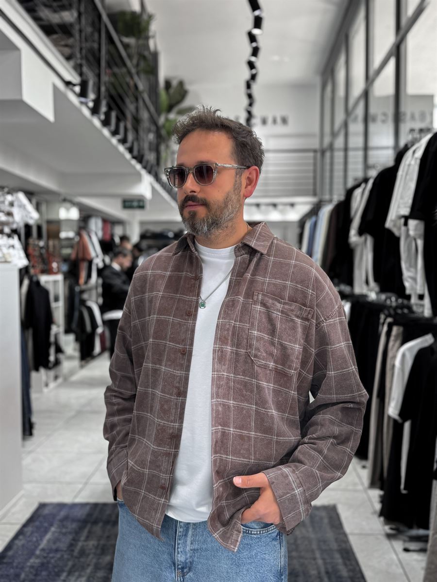 Coffee Wash Plaid Oversize Shirt C-1729