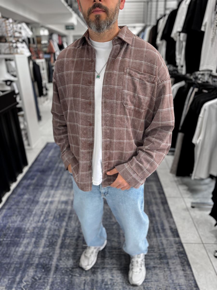 Coffee Wash Plaid Oversize Shirt C-1729