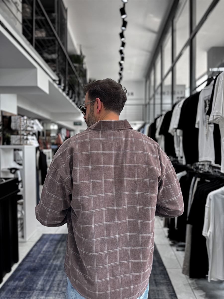 Coffee Wash Plaid Oversize Shirt C-1729