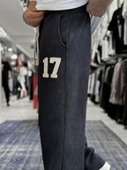 Black 17 Embroidered Washed Straight Leg Sweatpants ES-80-50