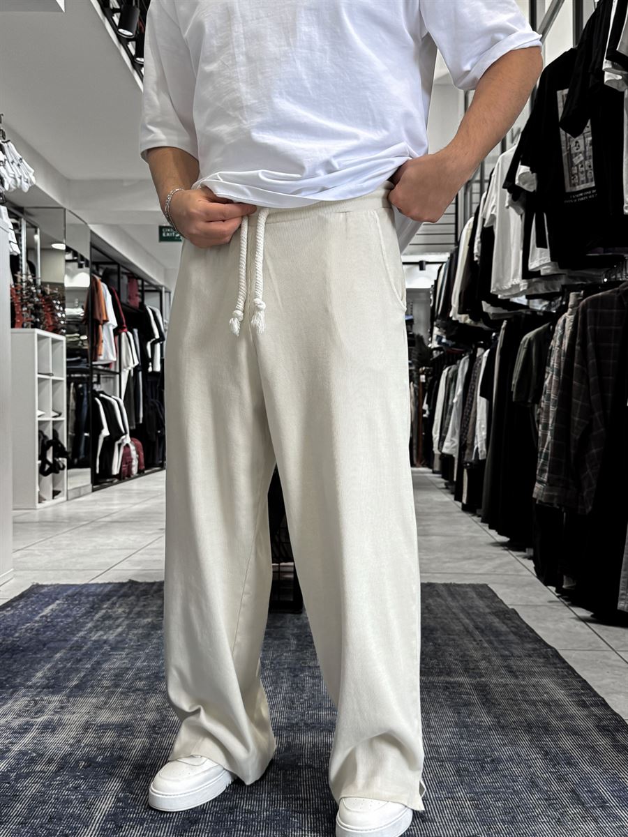 Beige Ribbed Sweatpants with Cropped Hem ES-80-12
