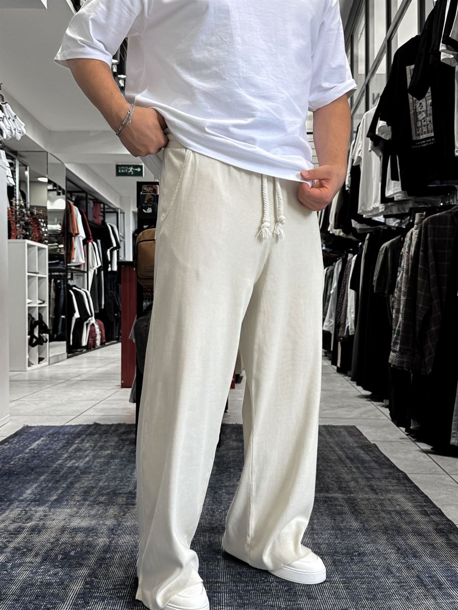 Beige Ribbed Sweatpants with Cropped Hem ES-80-12
