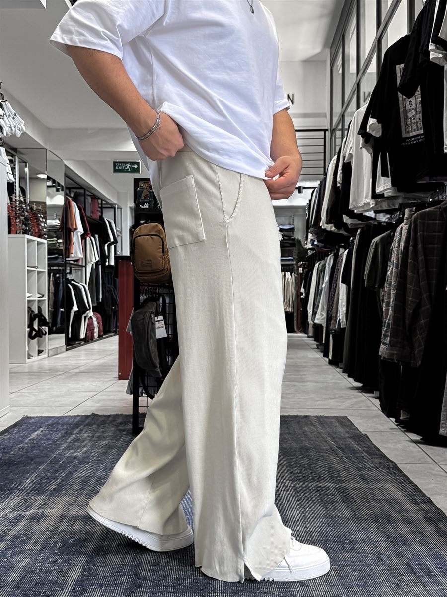 Beige Ribbed Sweatpants with Cropped Hem ES-80-12