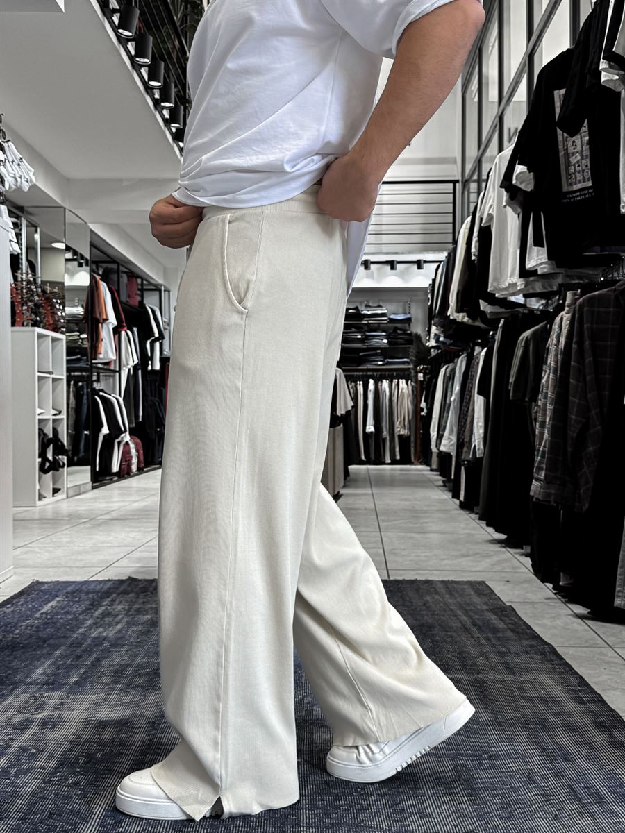 Beige Ribbed Sweatpants with Cropped Hem ES-80-12