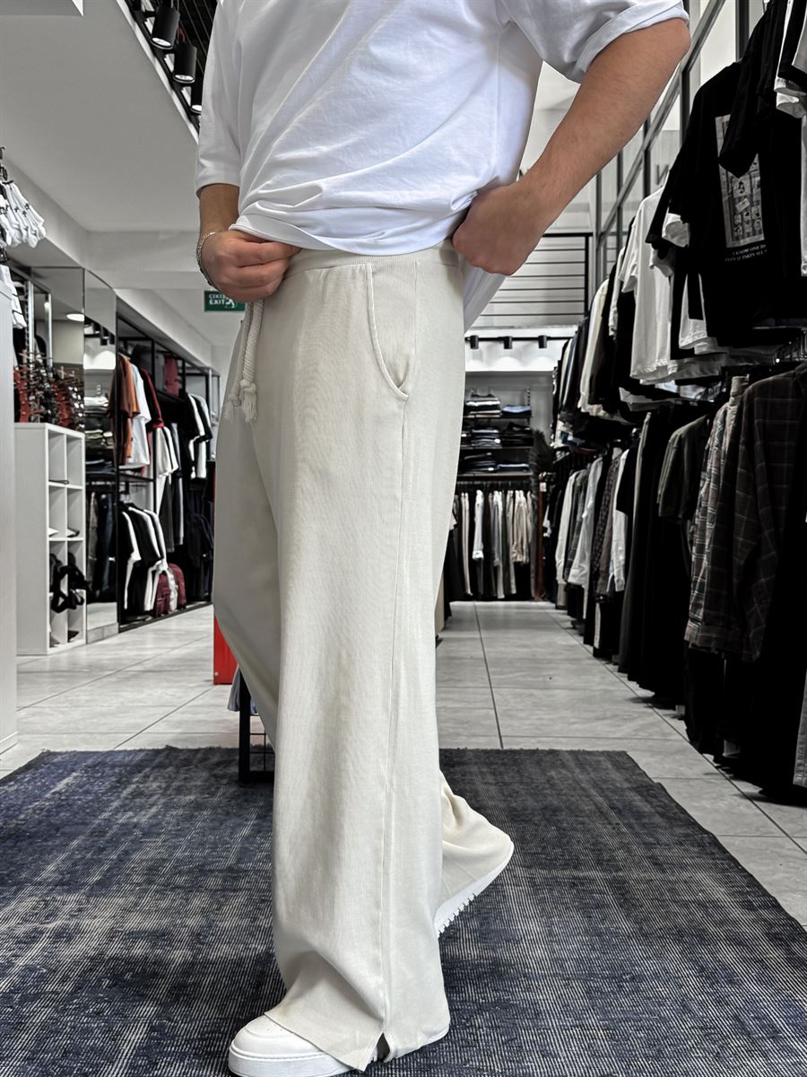 Beige Ribbed Sweatpants with Cropped Hem ES-80-12