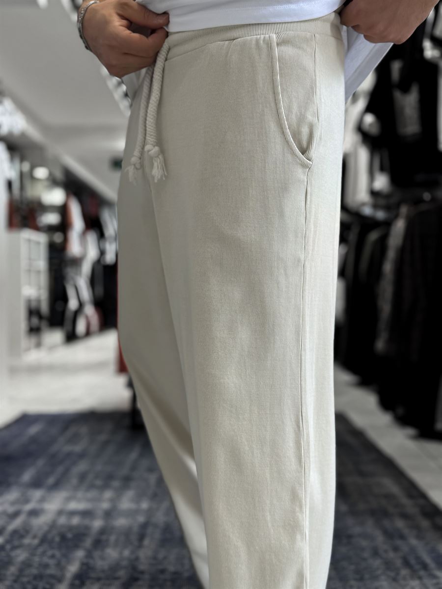 Beige Ribbed Sweatpants with Cropped Hem ES-80-12