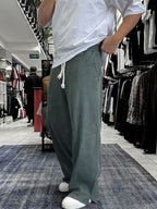 Khaki Ribbed Sweatpants with Cropped Hem ES-80-12