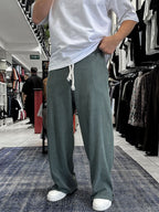 Khaki Ribbed Sweatpants with Cropped Hem ES-80-12