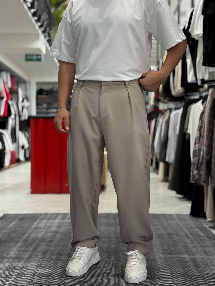 Beige Pleated Straight Leg Trousers ES-80-46