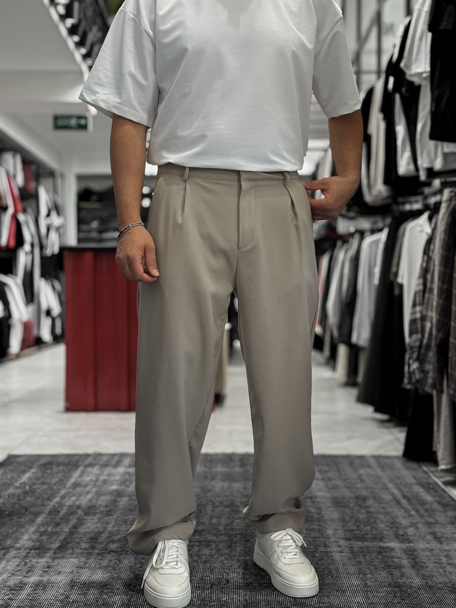 Beige Pleated Straight Leg Trousers ES-80-46