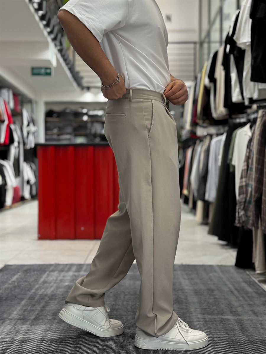 Beige Pleated Straight Leg Trousers ES-80-46