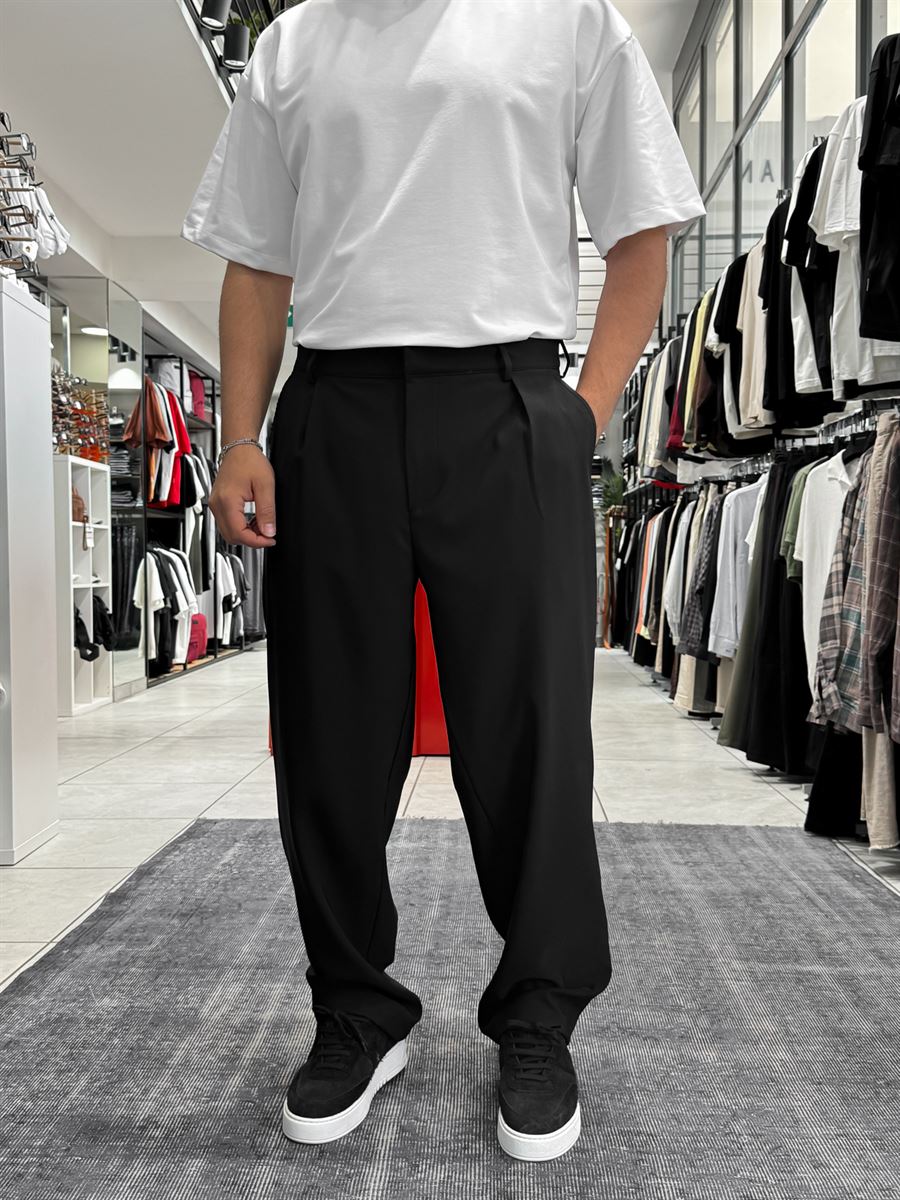 Black Pleated Straight Leg Trousers ES-80-46
