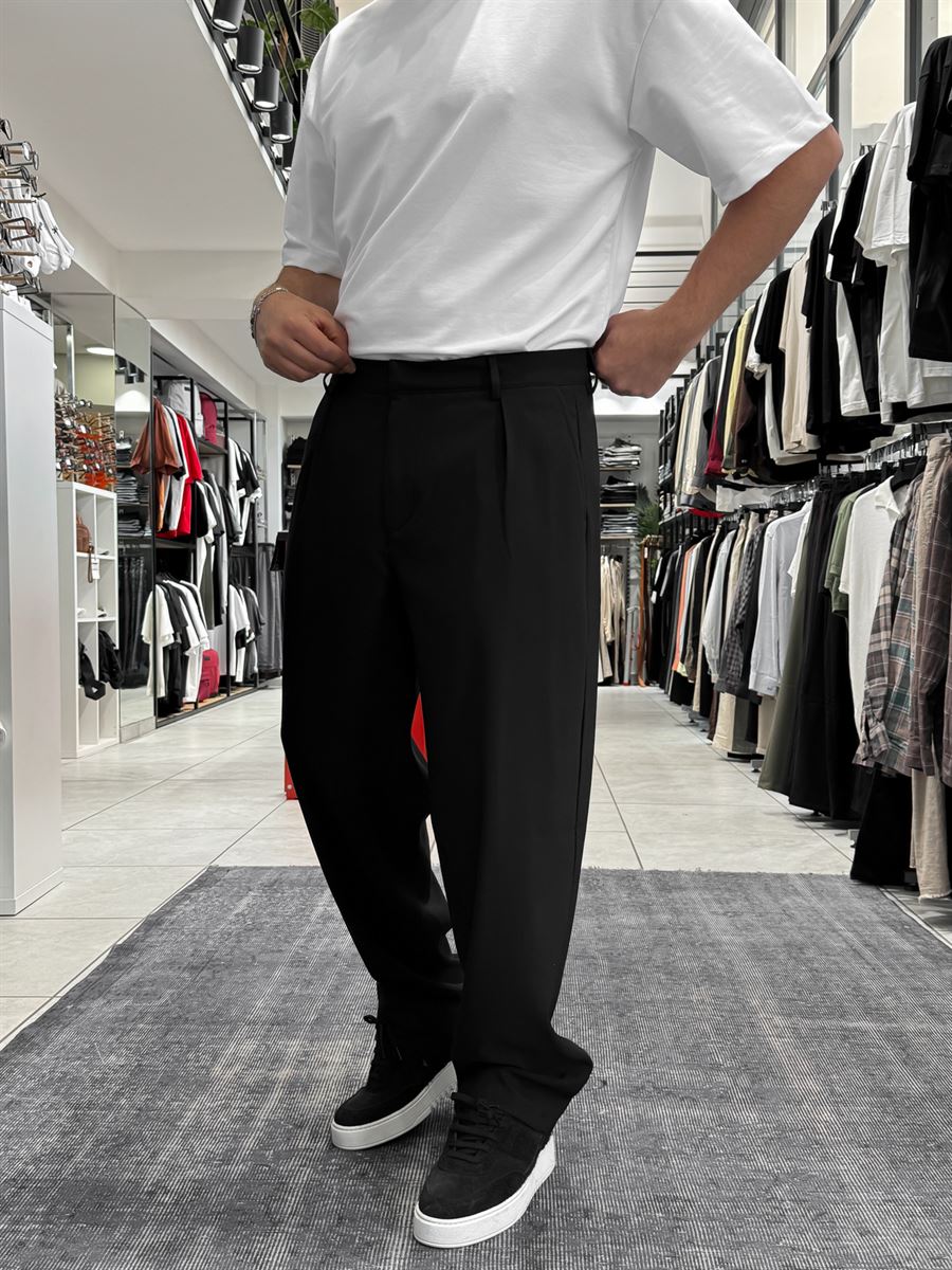 Black Pleated Straight Leg Trousers ES-80-46
