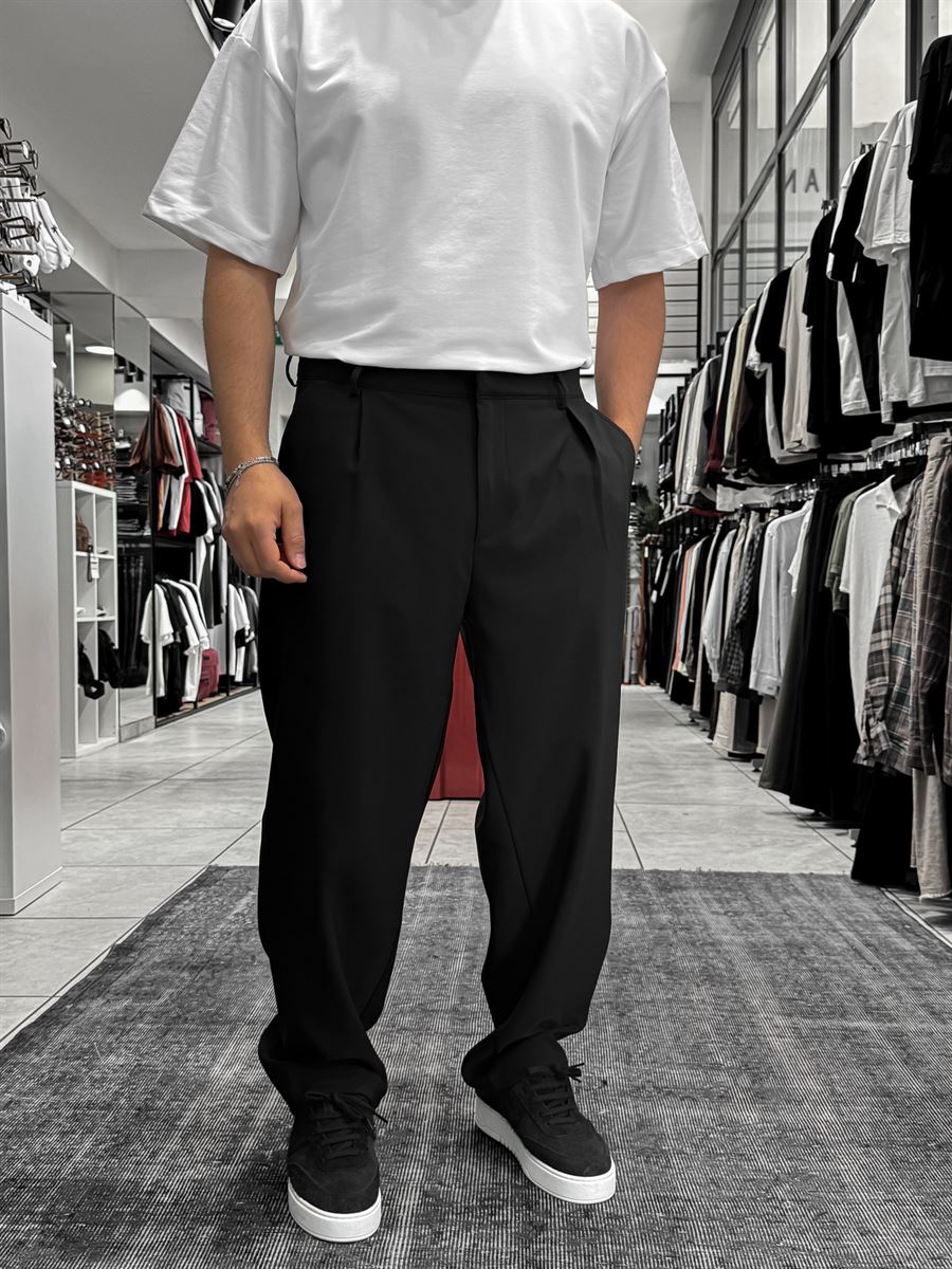 Black Pleated Straight Leg Trousers ES-80-46