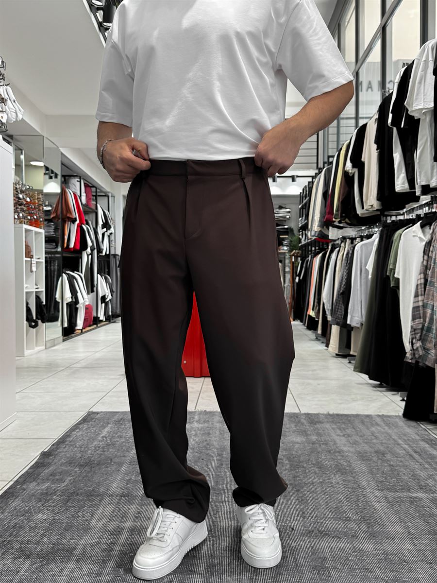 Coffee Pleated Straight Leg Trousers ES-80-46