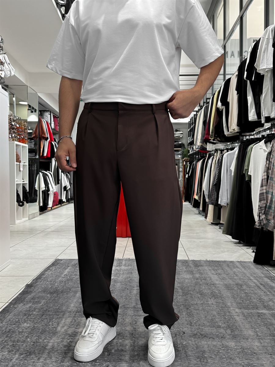 Coffee Pleated Straight Leg Trousers ES-80-46