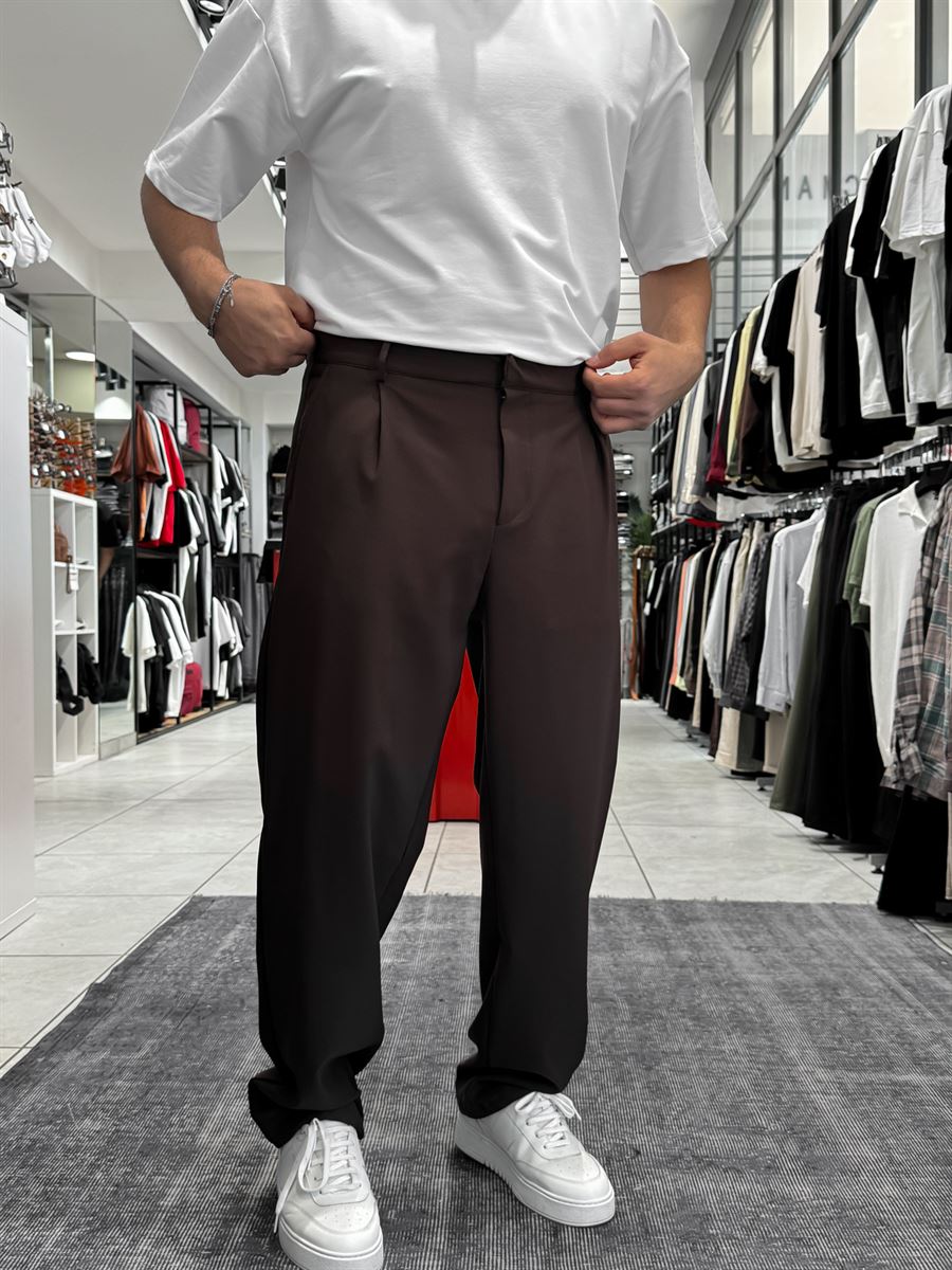 Coffee Pleated Straight Leg Trousers ES-80-46